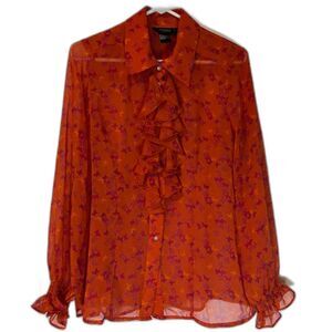 Twiggy London M Orange Ruffle Blouse Pink Butterflies Long Sleeve Corpcore Top